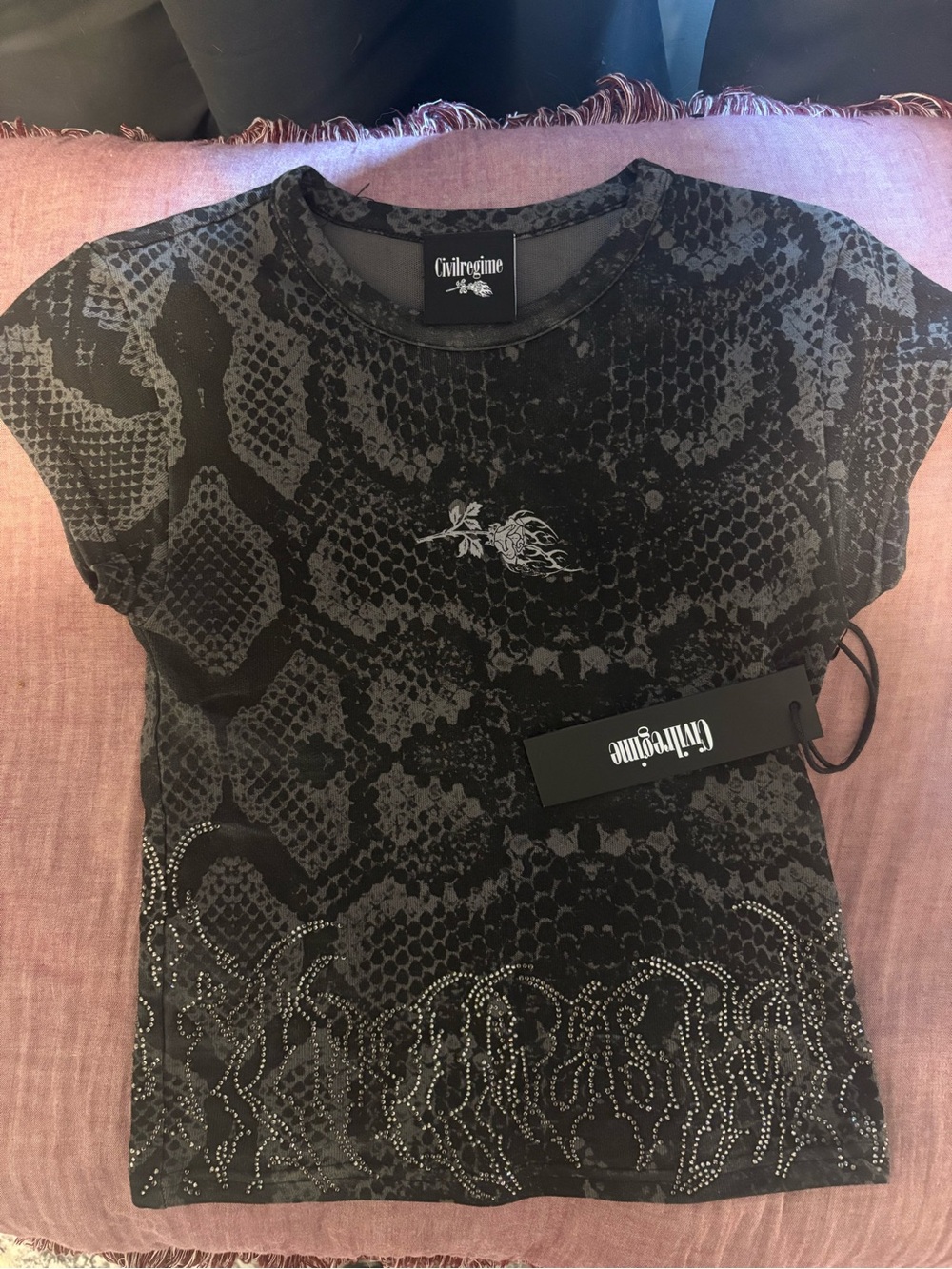 Civil Regime Black Snake-Print Short Sleeve Top